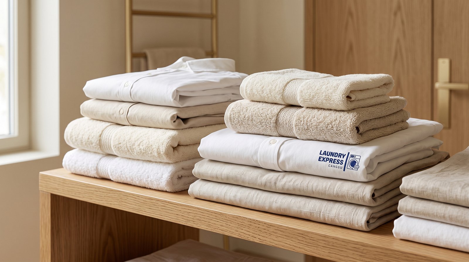Neatly folded linen stacked on a wooden shelf