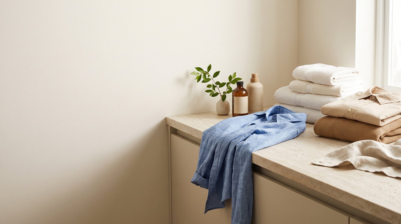 Fresh laundry and folded towels on a shelf