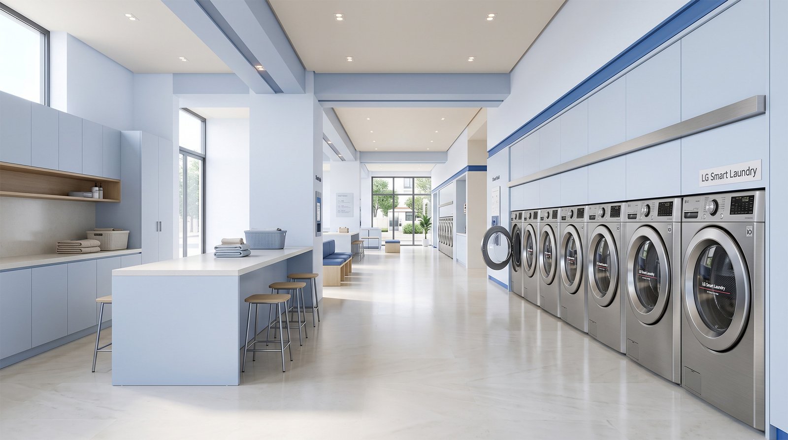 Clean and bright laundry lounge interior